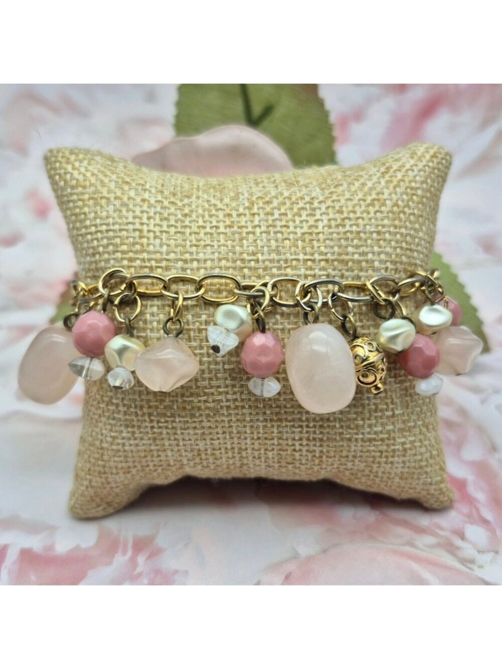 Premier Designs Dangle Charm Bead Bracelet Pink & White Accents Gold-Tone Chain